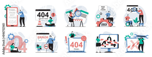 Page not found web concept with people scenes mega set in flat design. Bundle of character situations with 404 error on website, Internet disconnect, site connection maintenance. Vector illustrations.