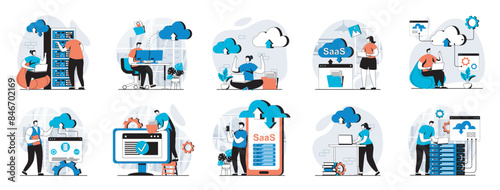 SaaS web concept with people scenes mega set in flat design. Bundle of character situations with cloud processing and programs using with subscription, software as a service. Vector illustrations.
