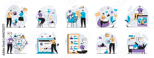 Social network web concept with people scenes mega set in flat design. Bundle of character situations with online communication, follow blogs, sharing posts, global community. Vector illustrations.