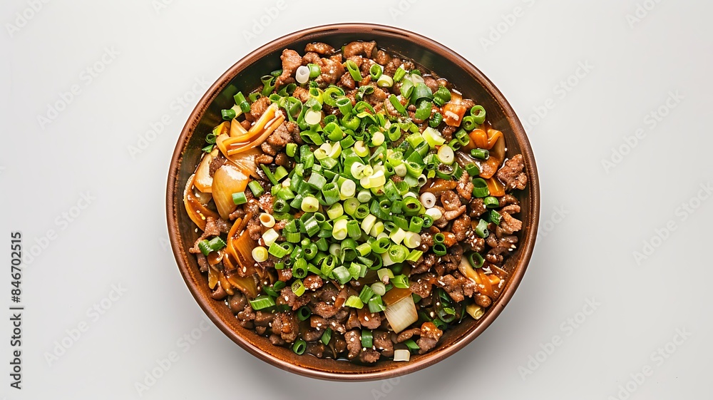 top view of a gourmet dish adorned with thinly sliced green onions isolated on a white background