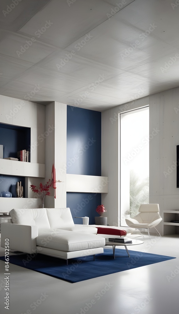 High end modern living room with white leather couch and a large flat screen tv mounted on the wall, brutalist architecture mixed with modern futuristic minimal design High end modern living room with white leather couch and a large flat screen tv mounted on the wall, brutalist architecture mixed with modern futuristic minimal design