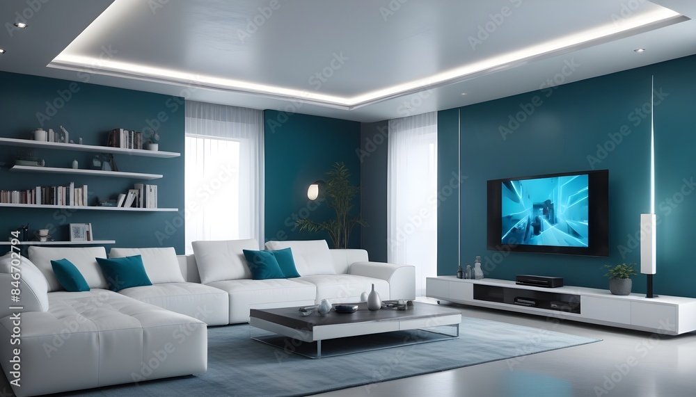 High end modern living room with white leather couch and a large flat screen tv mounted on the wall, brutalist architecture mixed with modern futuristic minimal design High end modern living room with white leather couch and a large flat screen tv mounted on the wall, brutalist architecture mixed with modern futuristic minimal design