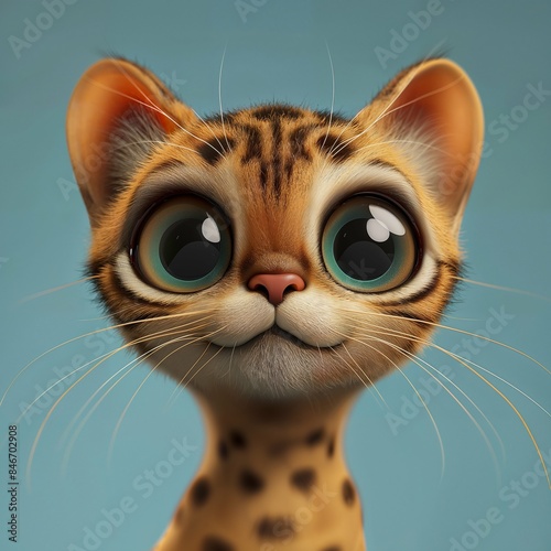 Adorable Cartoon Cat With Big Eyes Looking Up Close