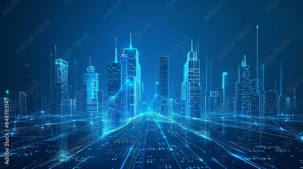 Modern Cityscape with Skyscrapers and Glass Buildings in Blue Shades Symbolizing Innovation and Technology. Representation of Digital Transformation in Real Estate Modern Cityscape with Skyscrapers and Glass Buildings in Blue Shades Symbolizing Innovation and Technology. Representation of Digital Transformation in Real Estate
