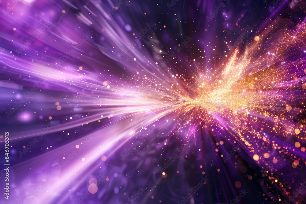 Fototapeta premium Magenta light burst on dark background with golden sparkles, abstract rays in magenta and purple