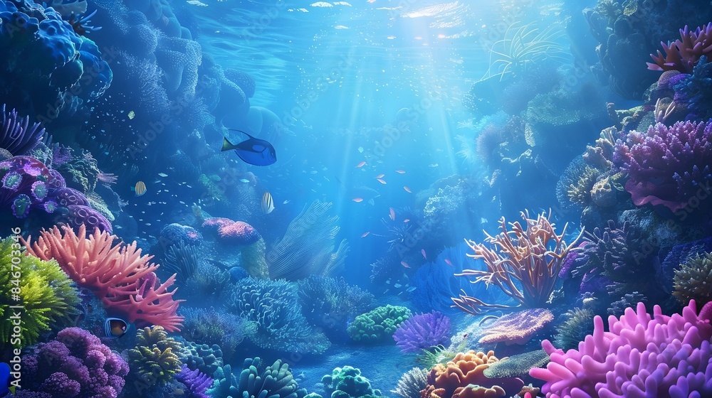 Fototapeta premium Beautiful underwater scenery with various types of fish and coral reefs Generative AI