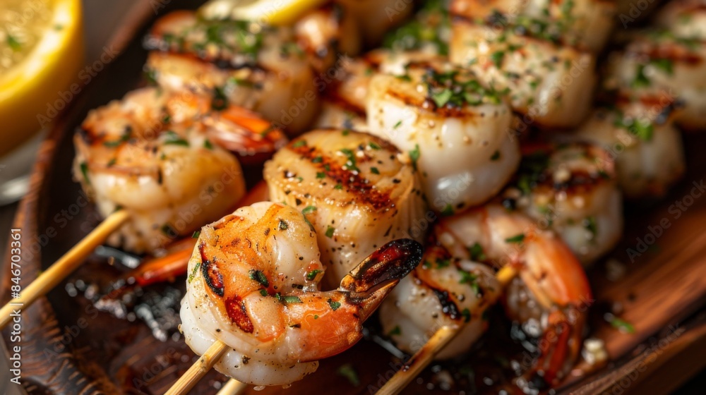A seafood medley skewer with grilled shrimp, scallops, and chunks of fish, brushed with garlic butter. A seafood medley skewer with grilled shrimp, scallops, and chunks of fish, brushed with garlic butter.