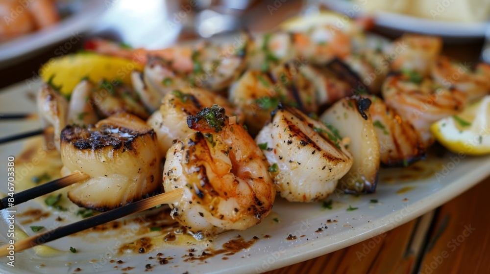 A seafood medley skewer with grilled shrimp, scallops, and chunks of fish, brushed with garlic butter. A seafood medley skewer with grilled shrimp, scallops, and chunks of fish, brushed with garlic butter.