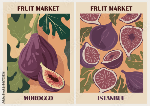 Set of Abstract Fruit Market retro posters. Trendy contemporary wall arts with fig fruits and leaves. Modern naive groovy funky interior decorations, paintings. Vector illustrations.