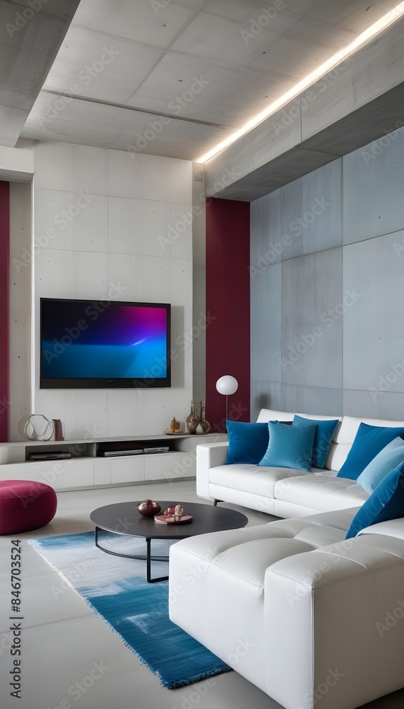 High end modern living room with white leather couch and a large flat screen tv mounted on the wall, brutalist architecture mixed with modern futuristic minimal design High end modern living room with white leather couch and a large flat screen tv mounted on the wall, brutalist architecture mixed with modern futuristic minimal design