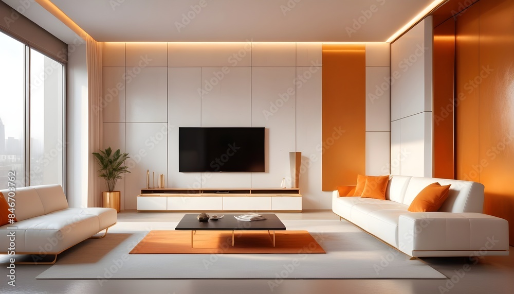 High end modern living room with white leather couch and a large flat screen tv mounted on the wall, brutalist architecture mixed with modern futuristic minimal design High end modern living room with white leather couch and a large flat screen tv mounted on the wall, brutalist architecture mixed with modern futuristic minimal design