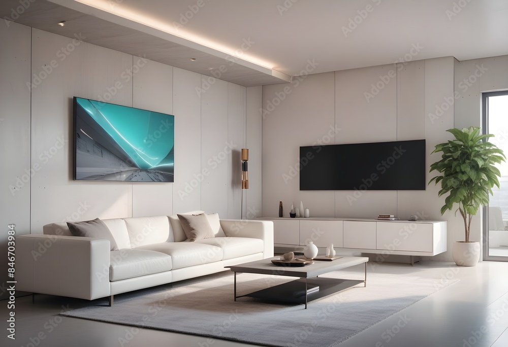 High end modern living room with white leather couch and a large flat screen tv mounted on the wall, brutalist architecture mixed with modern futuristic minimal design High end modern living room with white leather couch and a large flat screen tv mounted on the wall, brutalist architecture mixed with modern futuristic minimal design