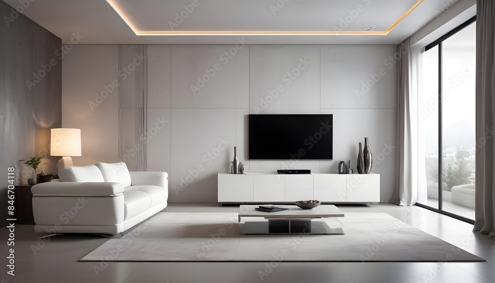 High end modern living room with white leather couch and a large flat screen tv mounted on the wall, brutalist architecture mixed with modern futuristic minimal design High end modern living room with white leather couch and a large flat screen tv mounted on the wall, brutalist architecture mixed with modern futuristic minimal design