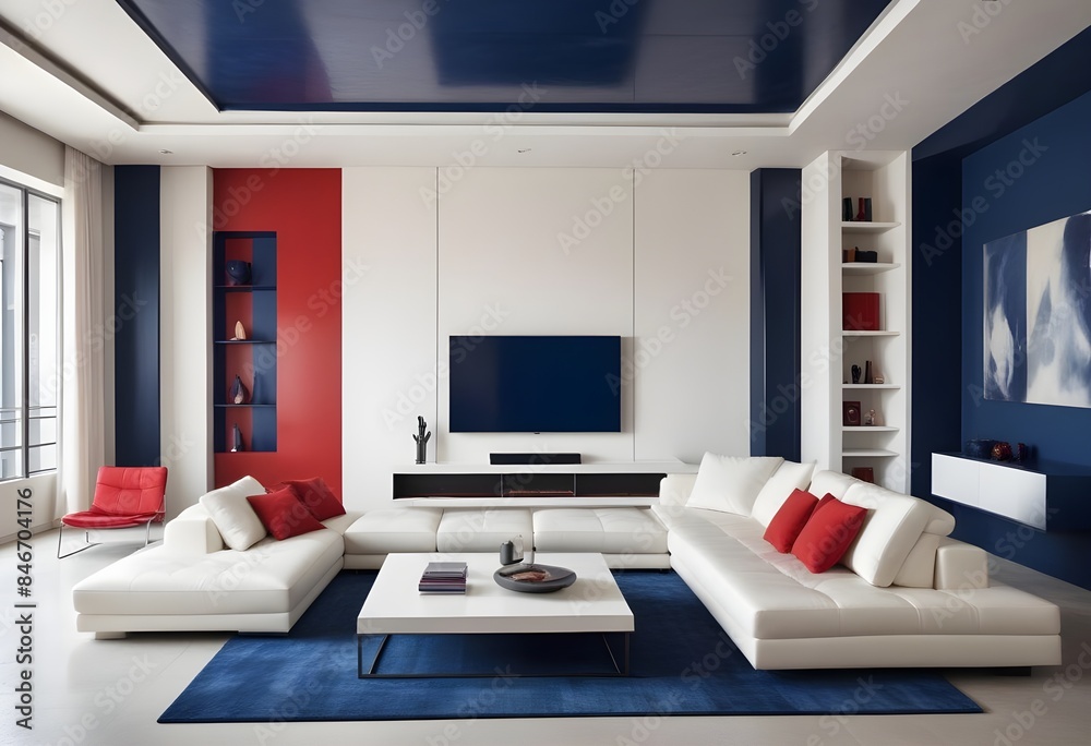 High end modern living room with white leather couch and a large flat screen tv mounted on the wall, brutalist architecture mixed with modern futuristic minimal design High end modern living room with white leather couch and a large flat screen tv mounted on the wall, brutalist architecture mixed with modern futuristic minimal design