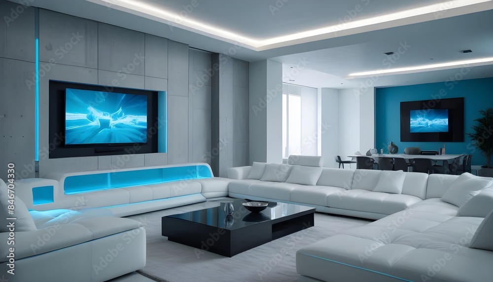 High end modern living room with white leather couch and a large flat screen tv mounted on the wall, brutalist architecture mixed with modern futuristic minimal design High end modern living room with white leather couch and a large flat screen tv mounted on the wall, brutalist architecture mixed with modern futuristic minimal design