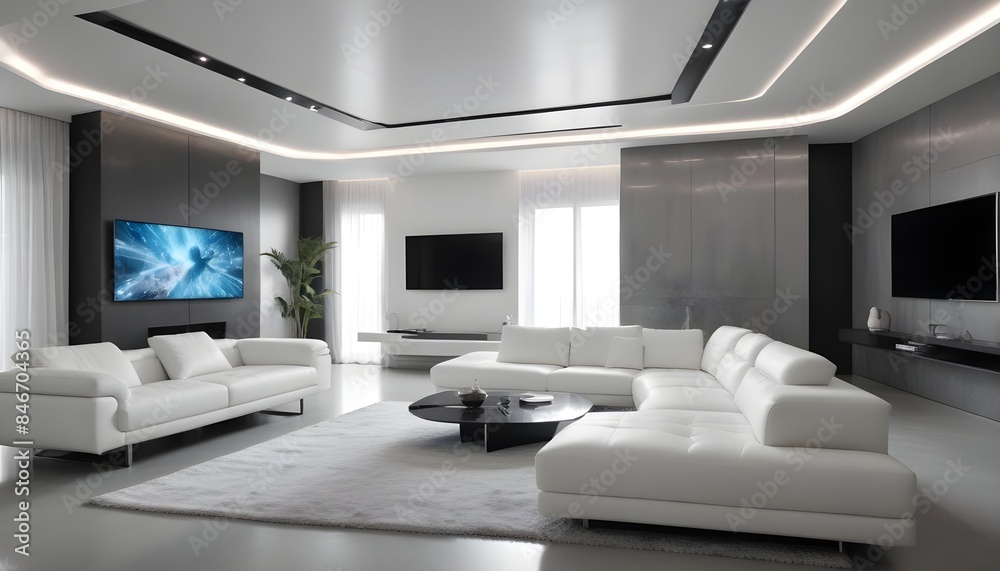 High end modern living room with white leather couch and a large flat screen tv mounted on the wall, brutalist architecture mixed with modern futuristic minimal design High end modern living room with white leather couch and a large flat screen tv mounted on the wall, brutalist architecture mixed with modern futuristic minimal design