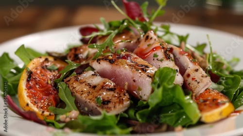 A seafood salad with mixed greens, grilled calamari, seared tuna, and a tangy vinaigrette dressing