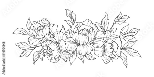 Peony flower arrangement line art on white background. Silhouette botanical hand drawn element for wedding, invitation frame design, vector illustration