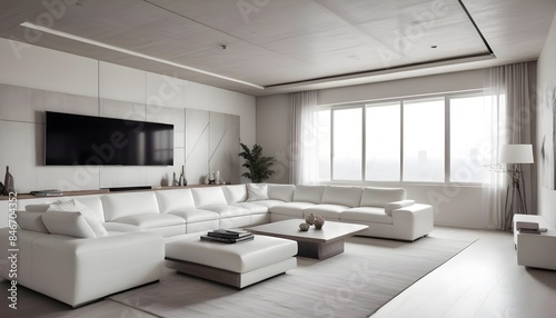 High end modern living room with white leather couch and a large flat screen tv mounted on the wall, brutalist architecture mixed with modern futuristic minimal design