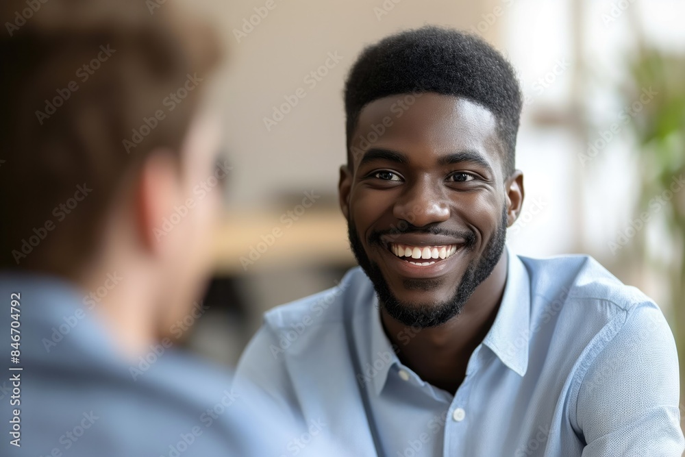 African American Man Smiling During Conversation, Casual Indoor Setting African American Man Smiling During Conversation, Casual Indoor Setting