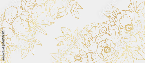 Luxury gold peony flowers background. Floral pattern tropical in line art style for greeting, invitation, wedding card, wall art, wallpaper and print. Vector illustration