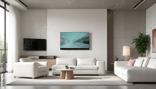 High end modern living room with white leather couch and a large flat screen tv mounted on the wall, brutalist architecture mixed with modern futuristic minimal design