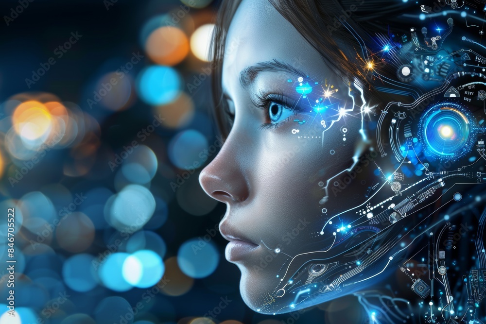 Futuristic female cyborg with digital interface overlay against bokeh background Futuristic female cyborg with digital interface overlay against bokeh background