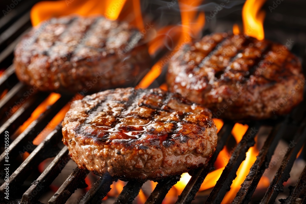 Sizzling hamburgers on a flaming grill Sizzling hamburgers on a flaming grill