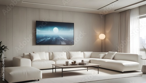 High end modern living room with white leather couch and a large flat screen tv mounted on the wall, brutalist architecture mixed with modern futuristic minimal design