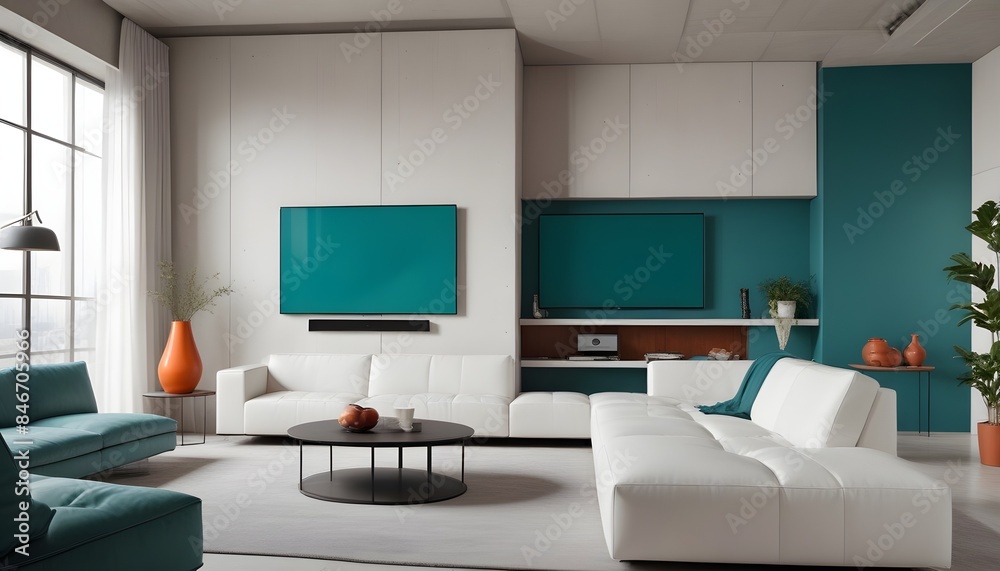 High end modern living room with white leather couch and a large flat screen tv mounted on the wall, brutalist architecture mixed with modern futuristic minimal design