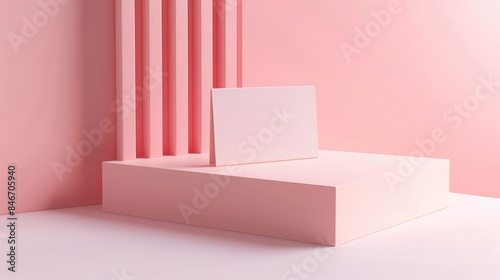 Blank business card mockup propped against pink pedestal with vertical grooves. Businesscard template advertising image. Monochromatic pink minimalist design. Stationery mock up product