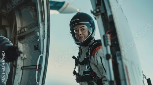 A woman in a helmet is standing in front of an airplane. She is smiling and she is excited