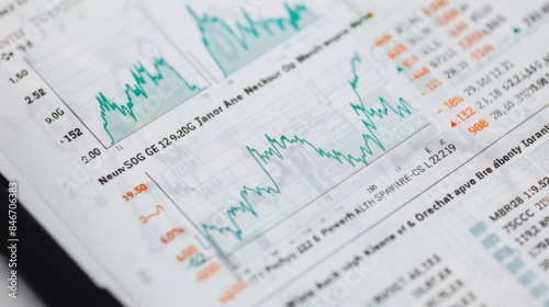 A stock market report printed on paper, with tables and graphs showing key financial metrics and performance.