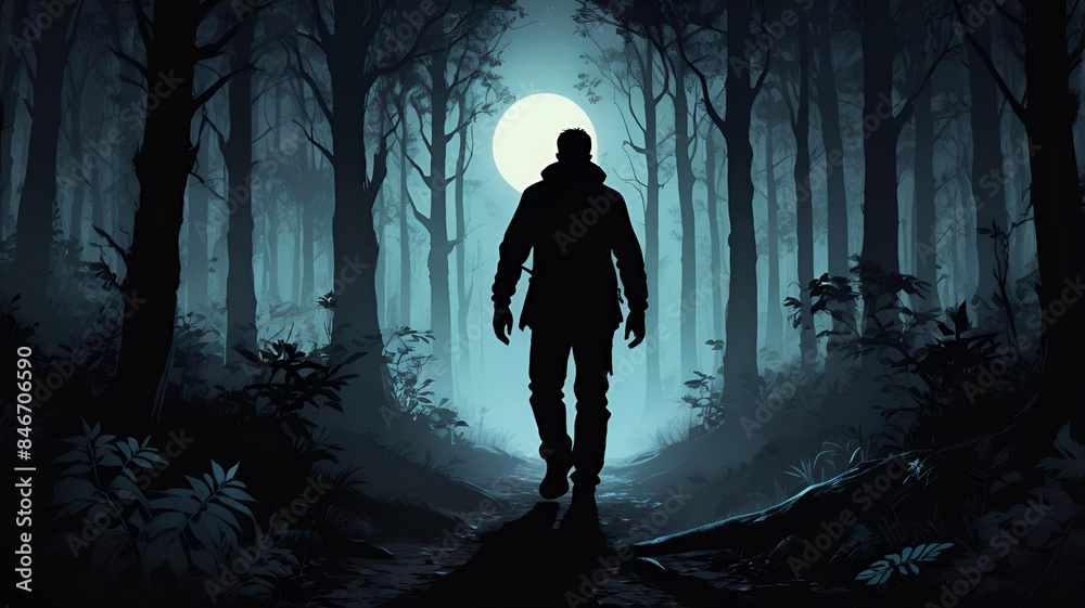 Obraz premium Silhouetted man walking in dark forest in night