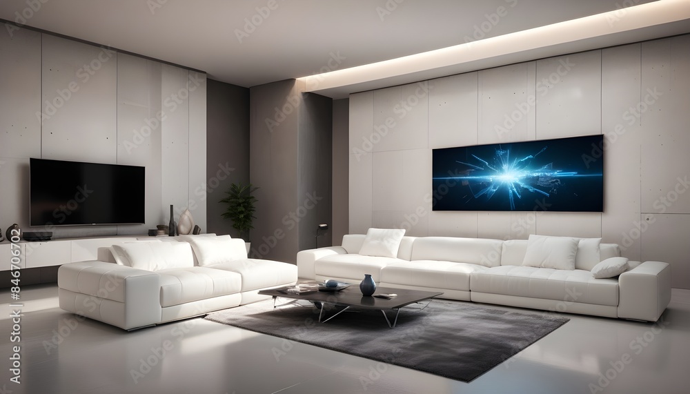 High end modern living room with white leather couch and a large flat screen tv mounted on the wall, brutalist architecture mixed with modern futuristic minimal design High end modern living room with white leather couch and a large flat screen tv mounted on the wall, brutalist architecture mixed with modern futuristic minimal design