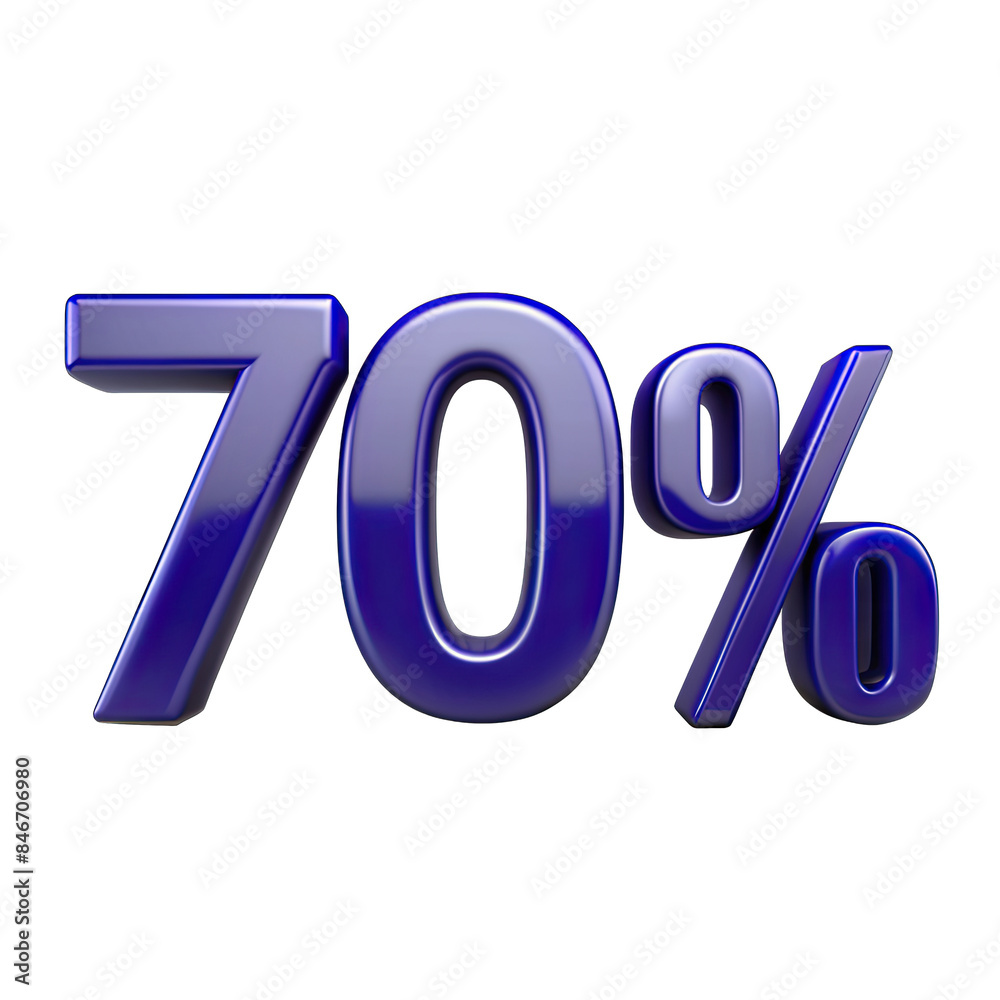A 3D rendering of the number 70 with a percent sign, isolated on a white background. The number is blue and has a glossy finish. Generative AI