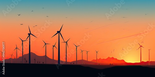 Clear sky with wind turbines silhouette wind mills countruside landscape alternative electricity generator scene view photo