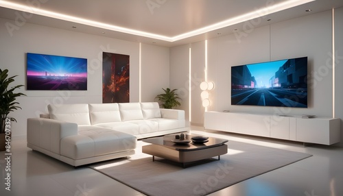 High end modern living room with white leather couch and a large flat screen tv mounted on the wall, brutalist architecture mixed with modern futuristic minimal design