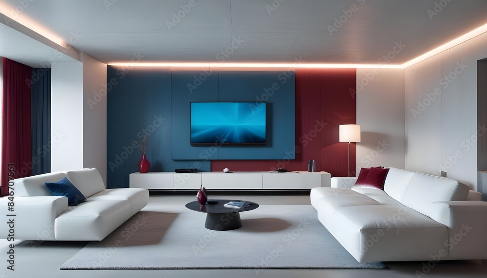 High end modern living room with white leather couch and a large flat screen tv mounted on the wall, brutalist architecture mixed with modern futuristic minimal design High end modern living room with white leather couch and a large flat screen tv mounted on the wall, brutalist architecture mixed with modern futuristic minimal design
