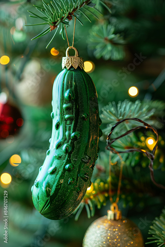 The pickled cucumber like a New Year's toy hanging on a Christmas tree photo