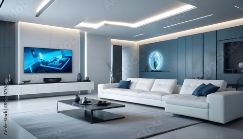 High end modern living room with white leather couch and a large flat screen tv mounted on the wall, brutalist architecture mixed with modern futuristic minimal design