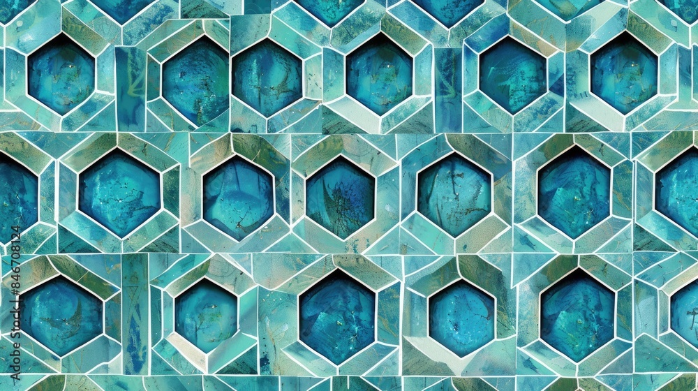 Medieval pattern featuring seamless turquoise isometric hexagons Medieval pattern featuring seamless turquoise isometric hexagons
