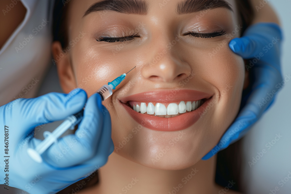 Close-up of the face and upper body of an attractive woman smiling, with wrinkles on one side of her smile treated Botox style with a syringe on the skin of her lower lip Close-up of the face and upper body of an attractive woman smiling, with wrinkles on one side of her smile treated Botox style with a syringe on the skin of her lower lip