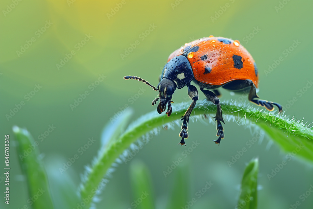 Fototapeta premium Beetle climbing a blade of grass