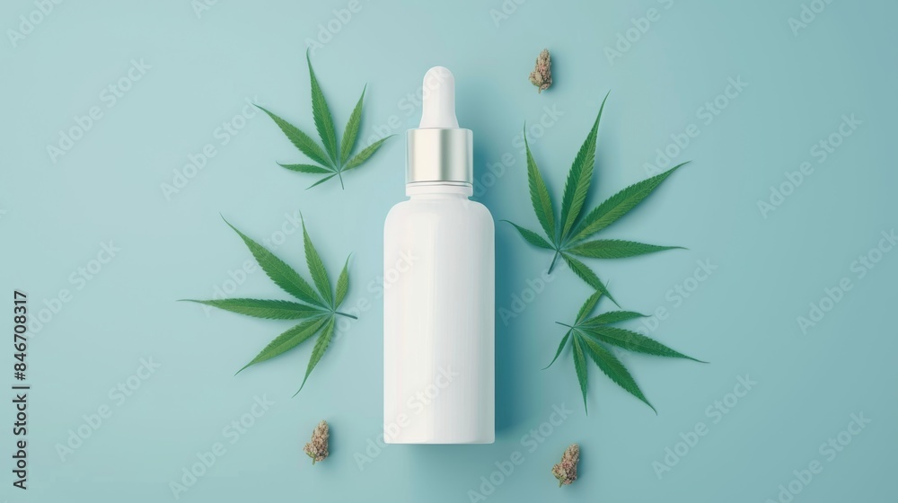 Serene CBD oil bottle with cannabis leaves on blue background Serene CBD oil bottle with cannabis leaves on blue background