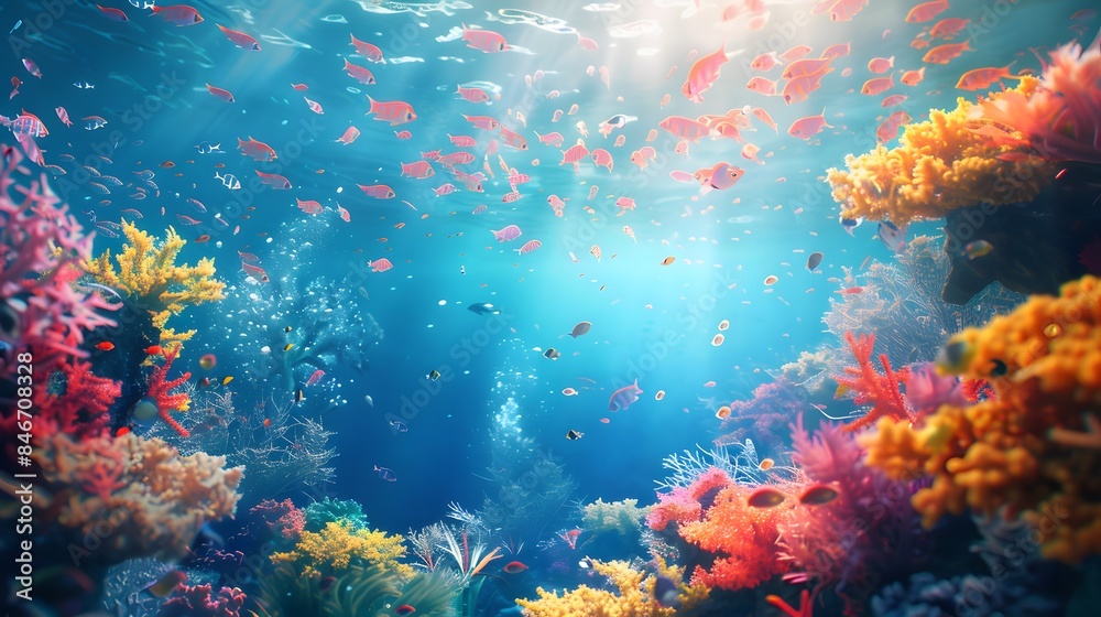 Obraz premium Beautiful underwater scenery with various types of fish and coral reefs Generative AI