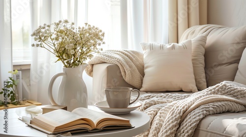 A cozy living room with a soft couch, a cup of coffee, and a book. The perfect place to relax and unwind. photo