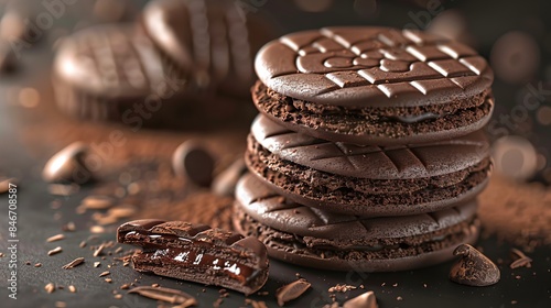 Sandwich chocolate cookies with a chocolate filling, illustrated in 3D for biscuit package design photo