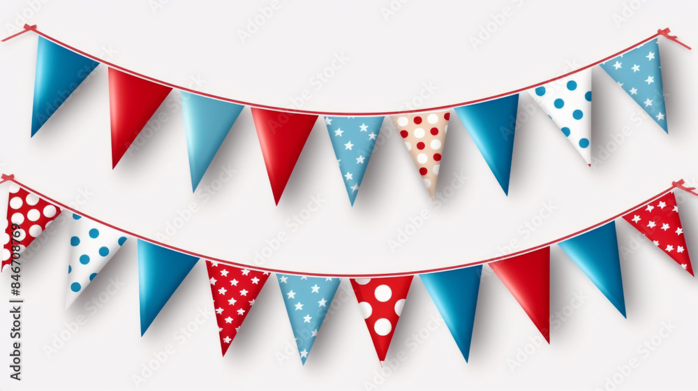 Fototapeta premiumBlue, white, and red party garlands with pennants create a festive and patriotic atmosphere