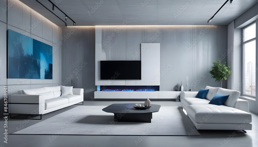 High end modern living room with white leather couch and a large flat screen tv mounted on the wall, brutalist architecture mixed with modern futuristic minimal design High end modern living room with white leather couch and a large flat screen tv mounted on the wall, brutalist architecture mixed with modern futuristic minimal design